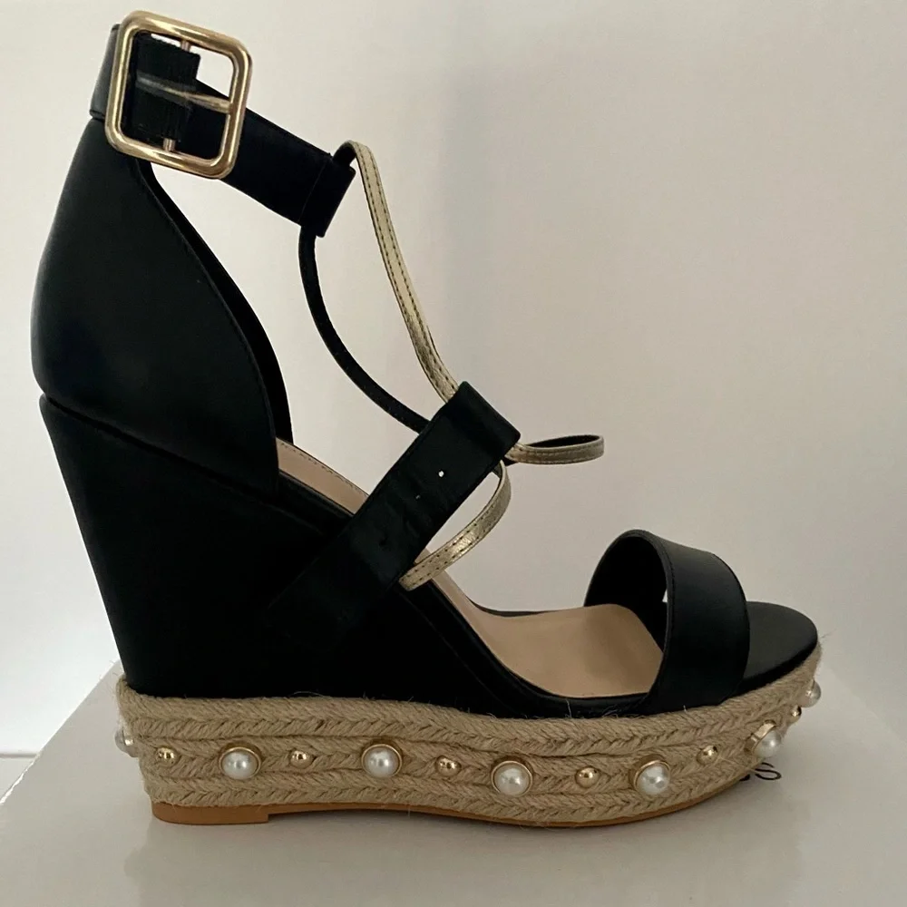 Neiman Marcus Luxy Pearls Wedges Sandals Black/ Gold